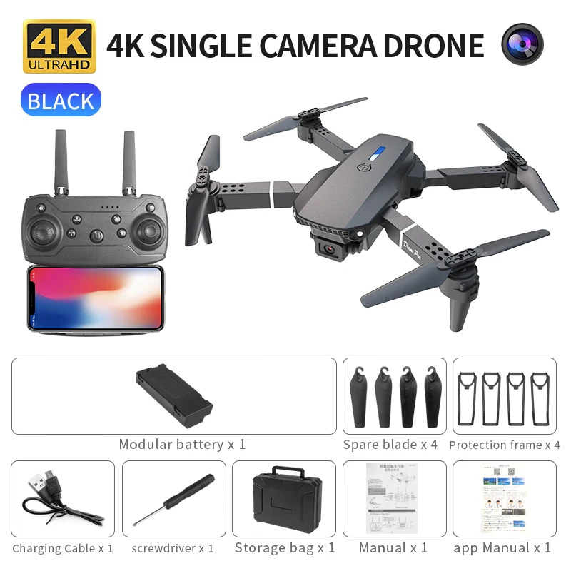 Drone Camera Professional - โดรนพับได้อัจฉริยะ E88 Pro รองรับการสลับกล้องเดี่ยว/คู่ คุณภาพภาพ 4K+การถ่ายภาพมุมกว้าง